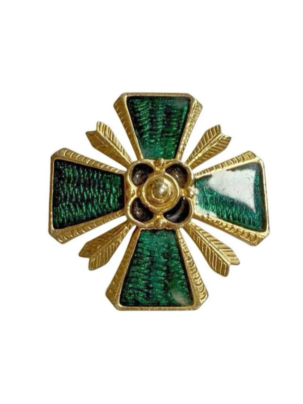 Vintage Maltese Cross Pin Brooch Emerald Green & Gold Tone 1.25